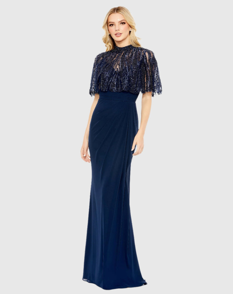 Sleeveless gown wiith embellished cape - Navy