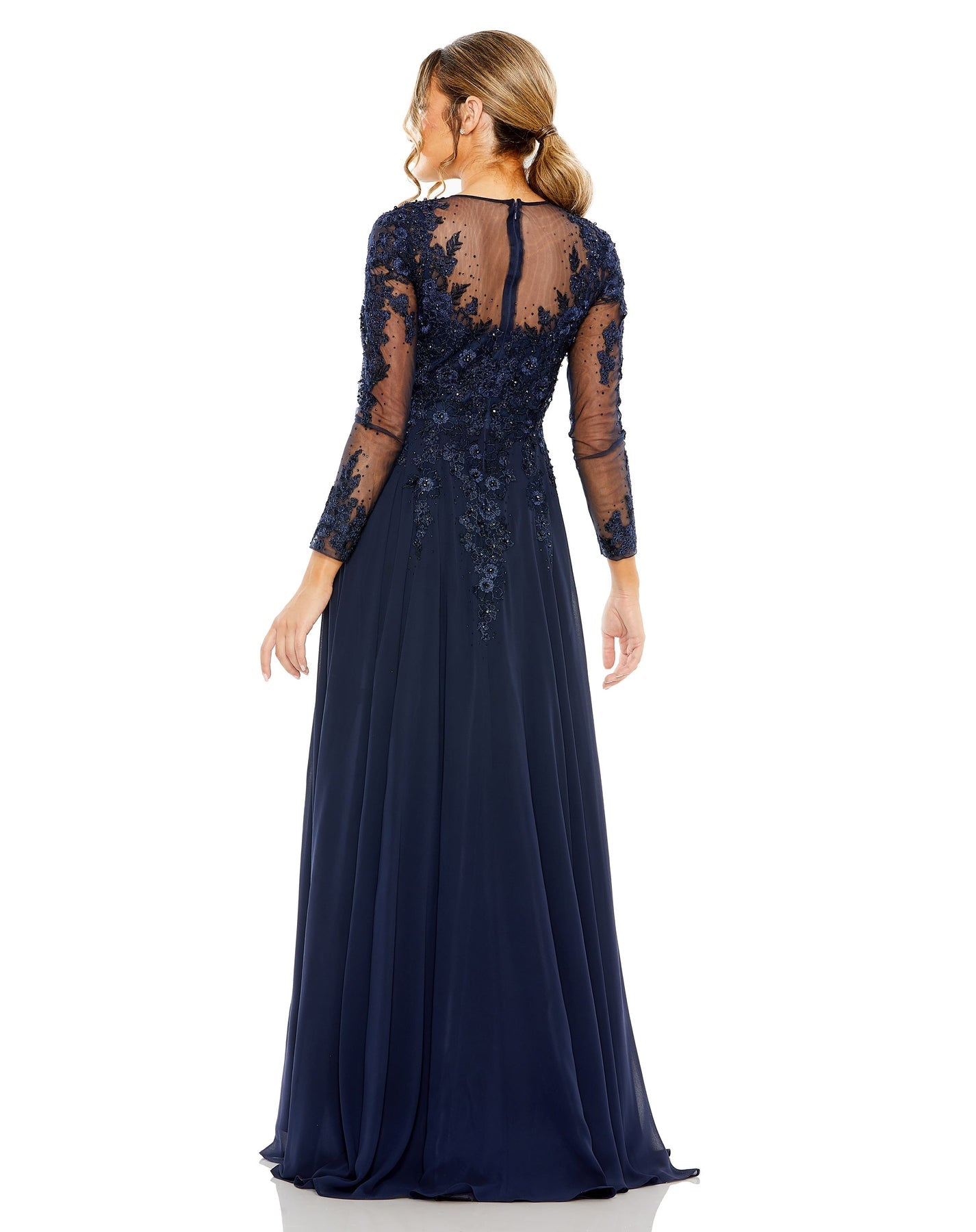 High neck long sleeve crystal embellished A Line gown Midnight Blue