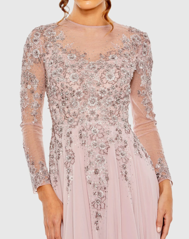 High neck long sleeve crystal embellished A Line gown - Lilac