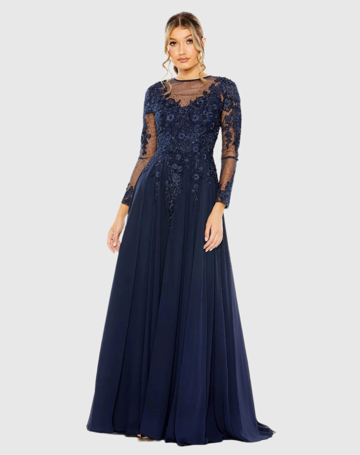 Mac Duggal, Long sleeve pleated V neck modest gown - Midnight Blue #20478 