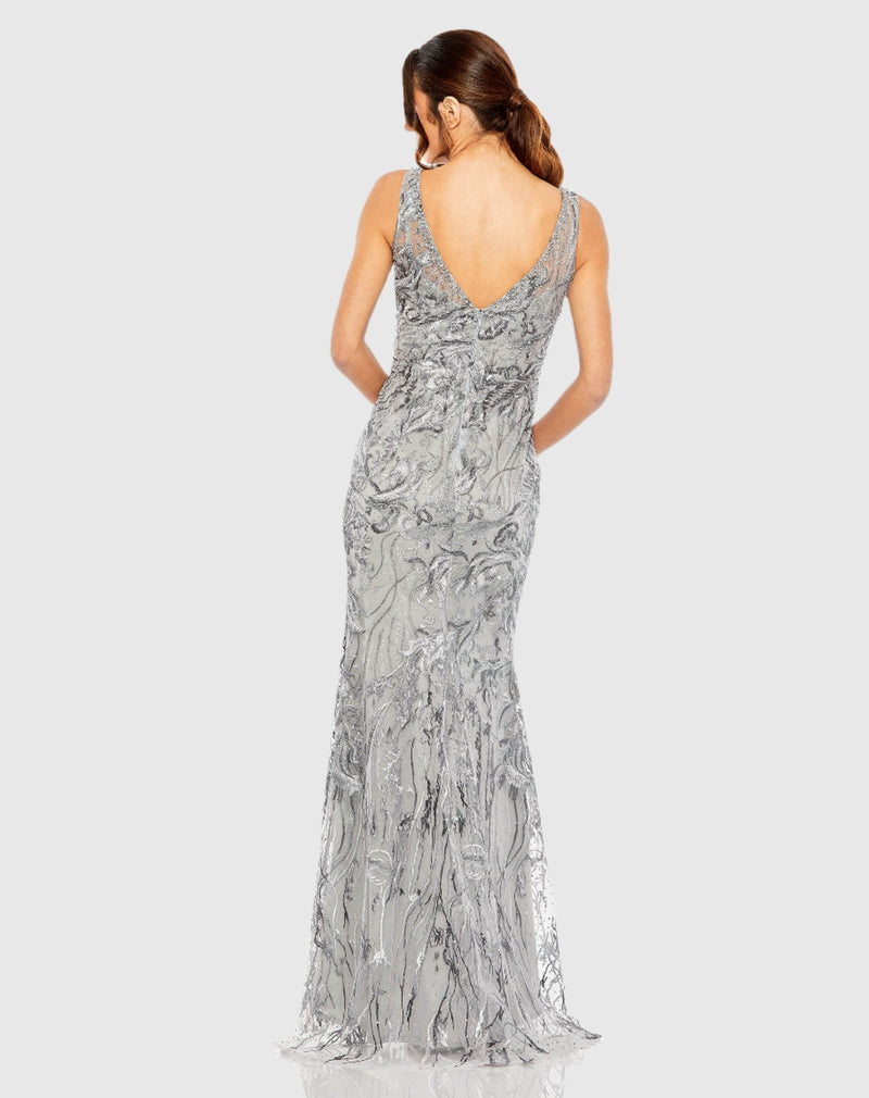 Sleeveless High Neck Embroidered Gown - Charcoal