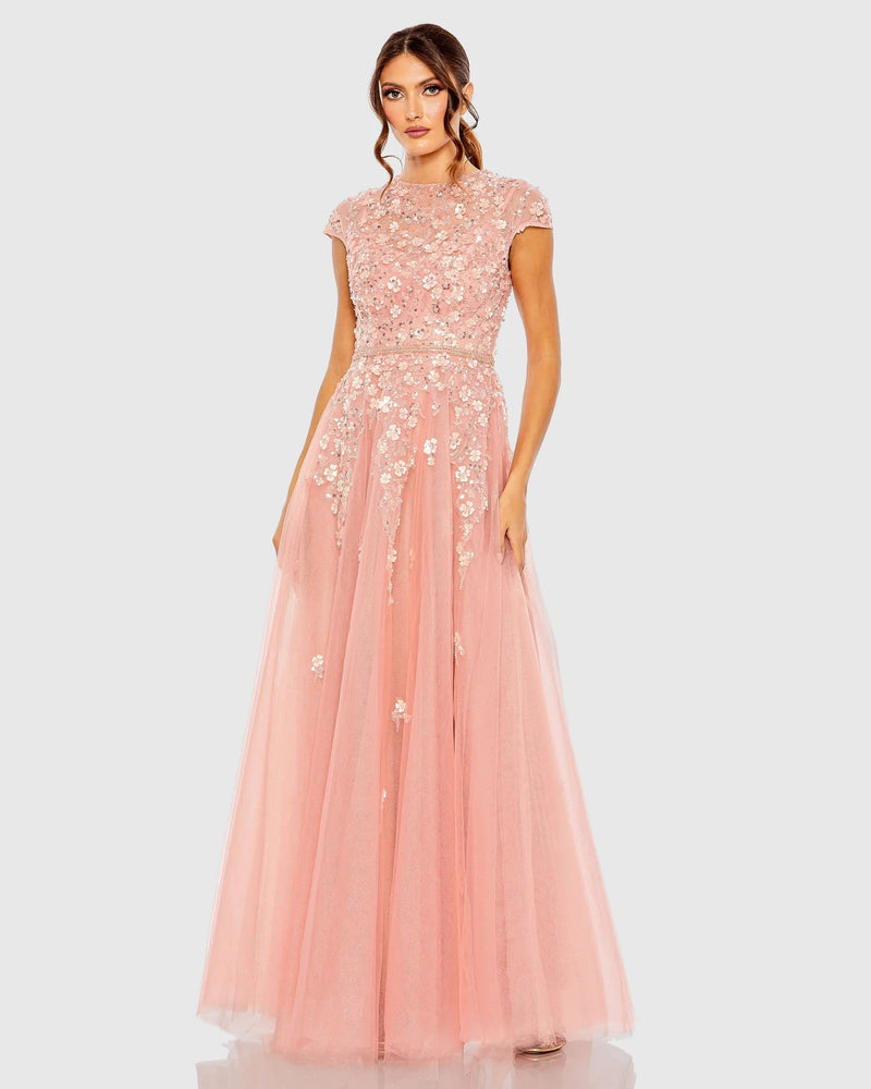 Mac Duggal Pink High Neck Cap Sleeve Embellished A Line Gown Rose #20511