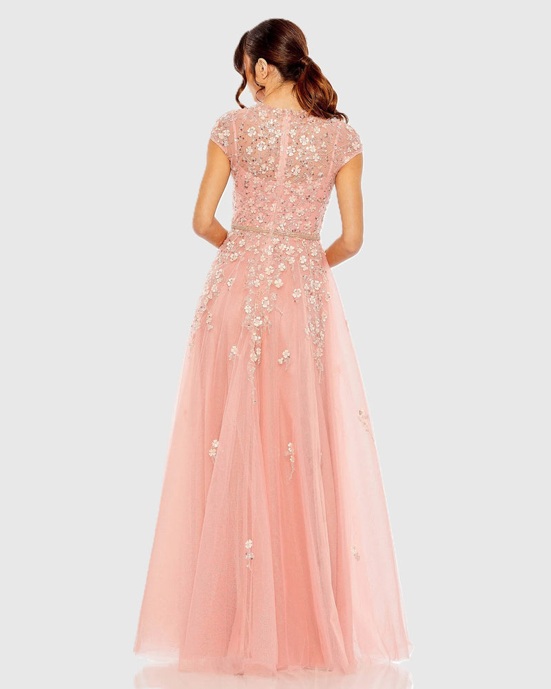 High Neck Cap Sleeve Embellished A Line Gown - Rose