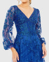 V-Neck Mesh Puff Sleeve A Line Dress - Royal Blue