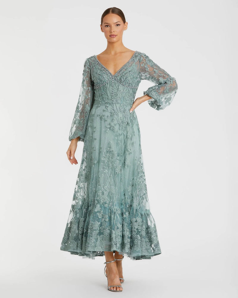 Mac Duggal V-Neck Mesh Puff Sleeve A Line Embellished Tea Length Dress #20512 Seafoam