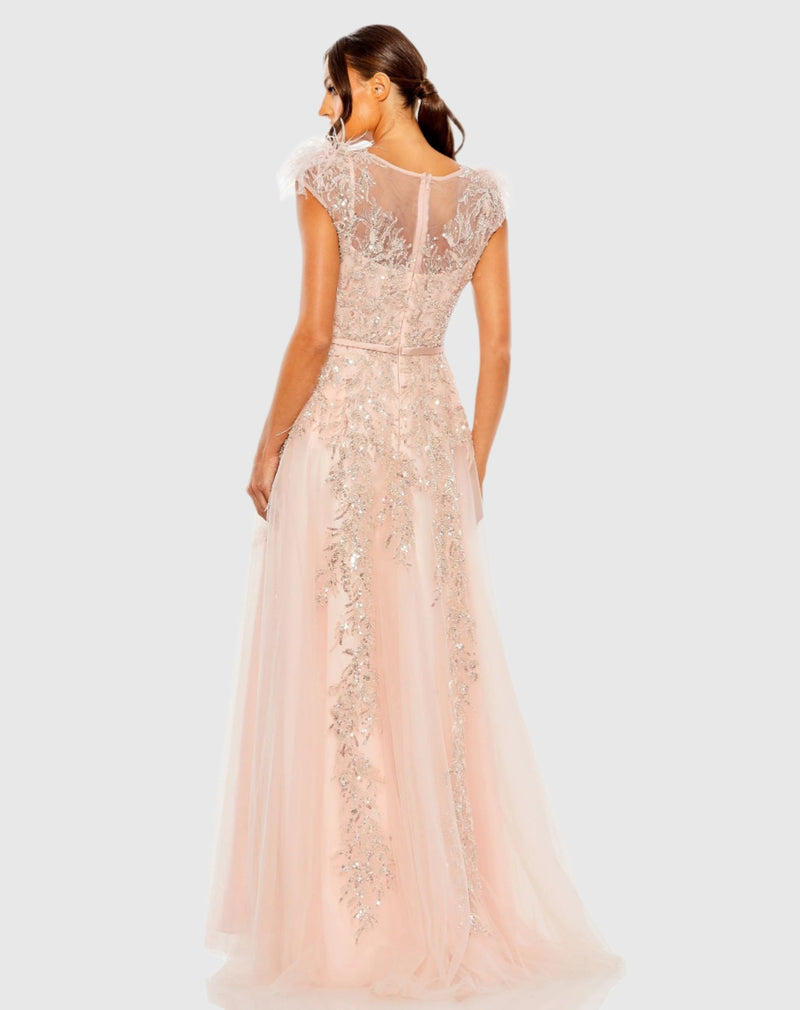 High Neck Feather Detail Beaded Gown - Blush