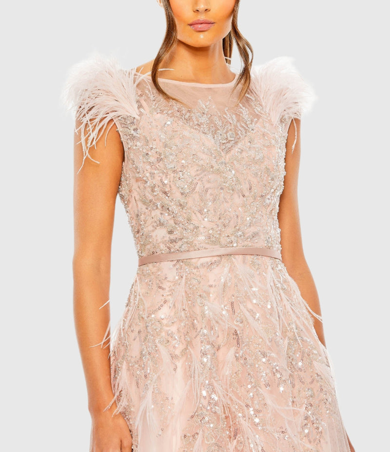 High Neck Feather Detail Beaded Gown - Blush