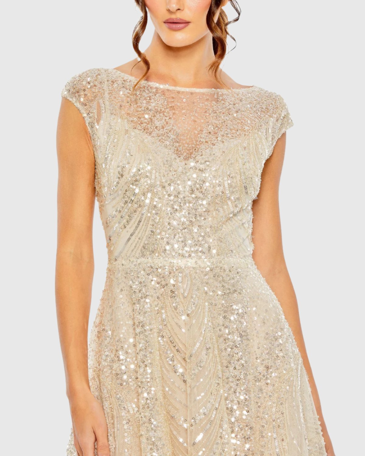 Cap Sleeve High Neck Embellished Dress Nude Silver