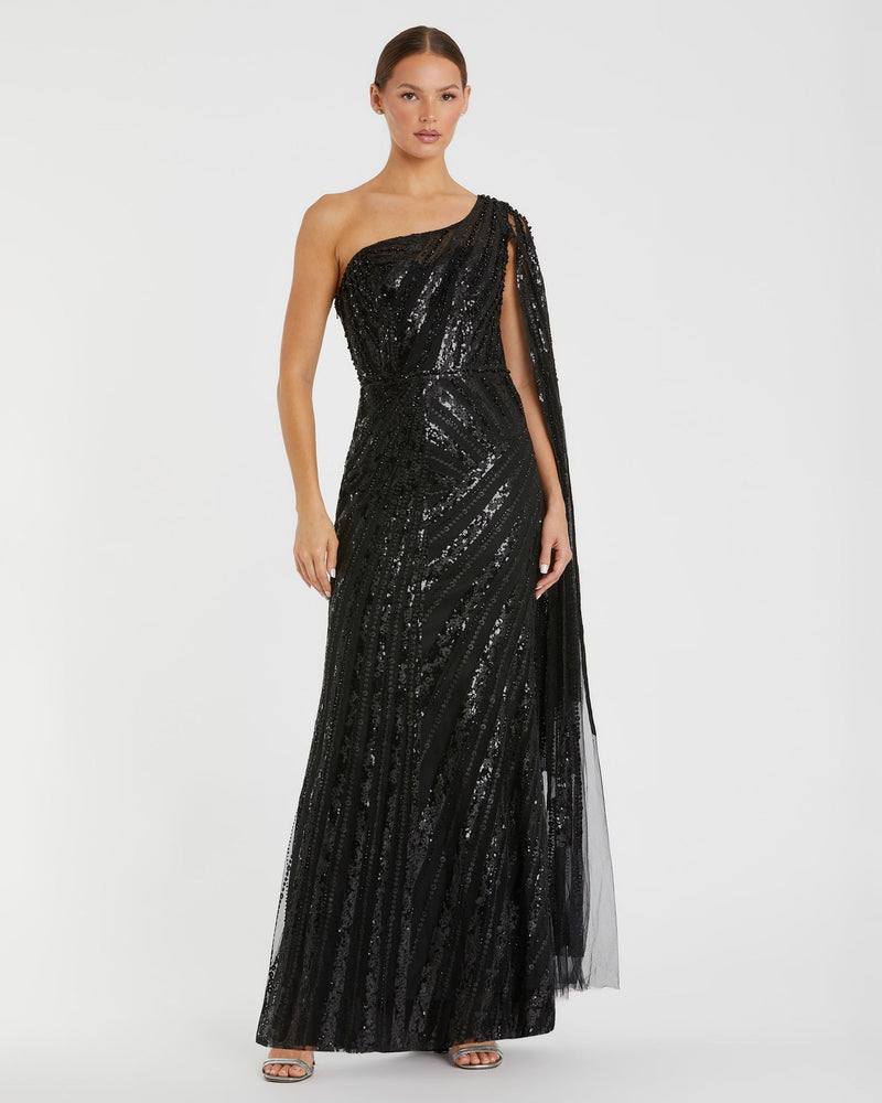 One shoulder cap sleeve embellished gown - Black