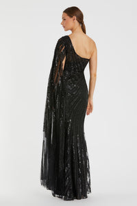 One shoulder cap sleeve embellished gown - Black