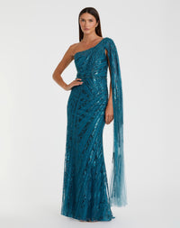 One shoulder cap sleeve embellished gown - Blue