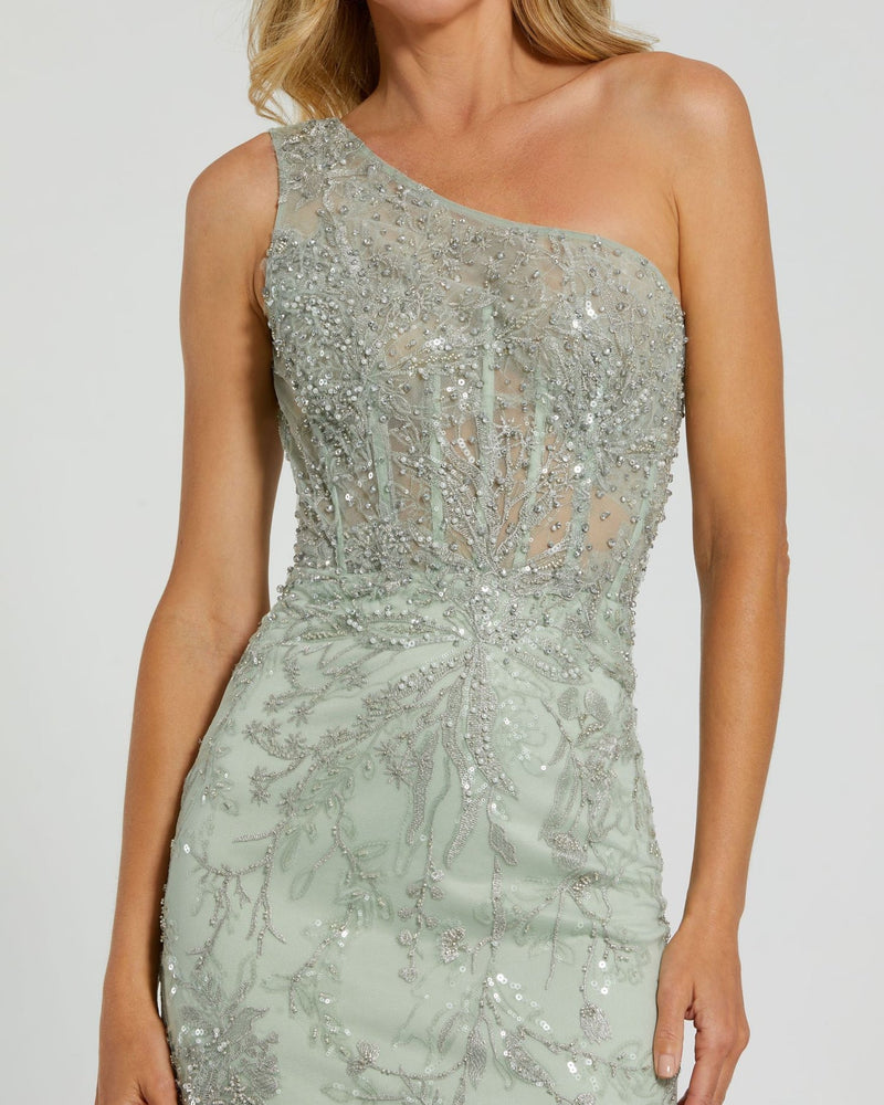 One Shoulder Embellished Gown - Sage