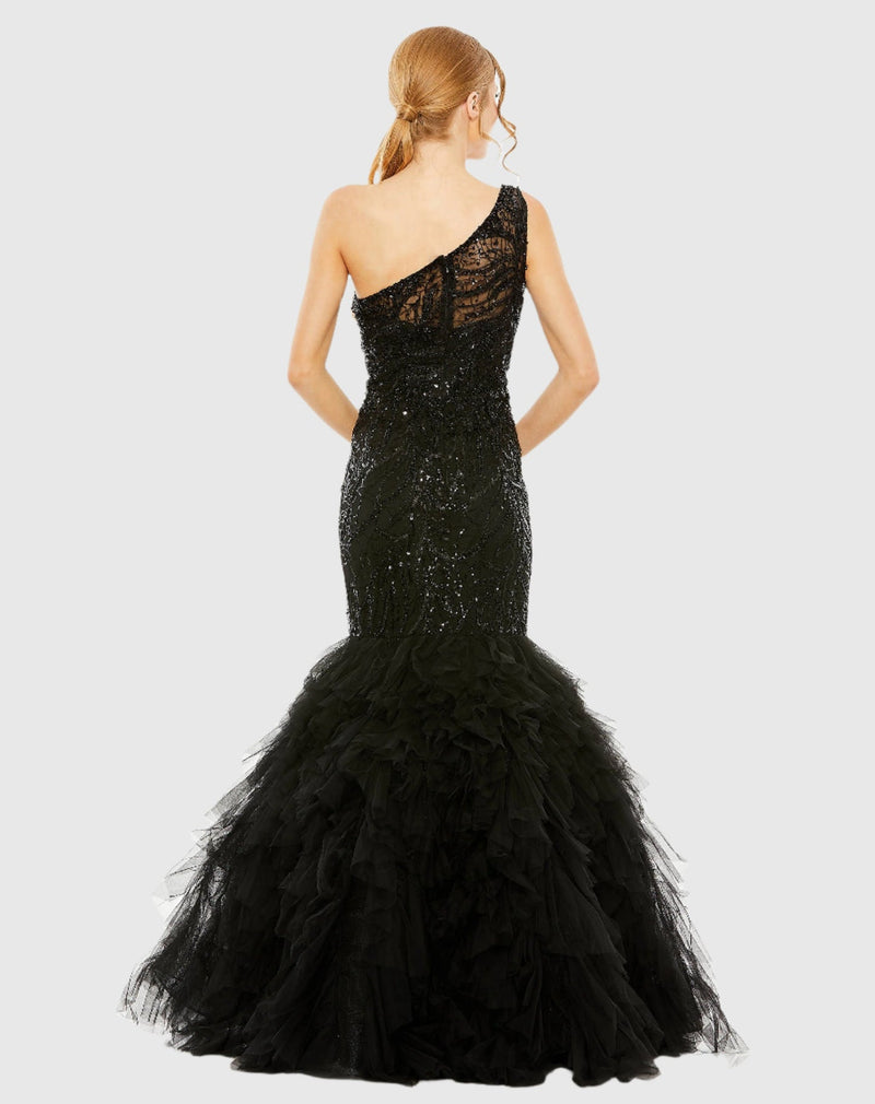 Embellished One Shoulder Mermaid Gown - Black