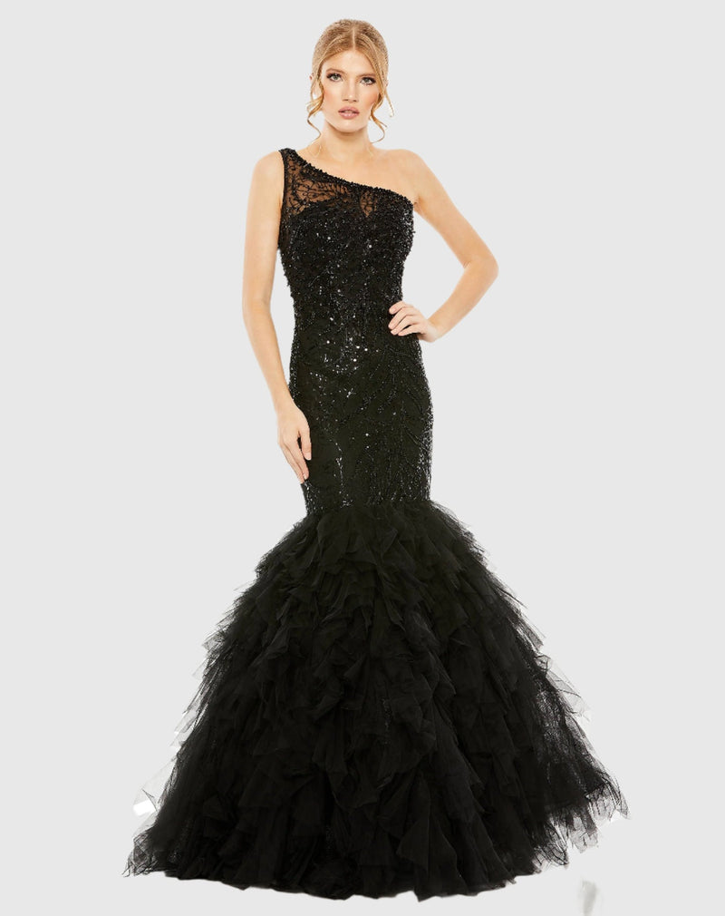 Mac Duggal #20545 Embellished One Shoulder Mermaid Gown - Black