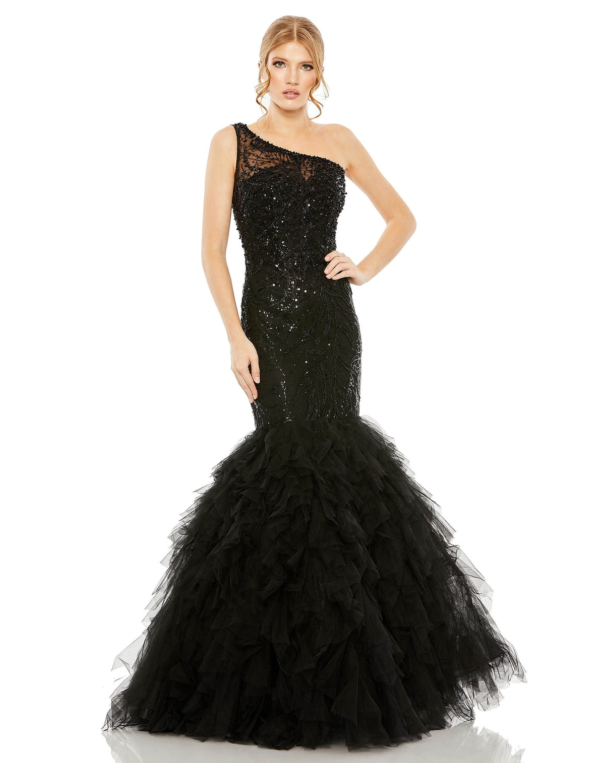 Mac Duggal #20545 Embellished One Shoulder Mermaid Gown - Black