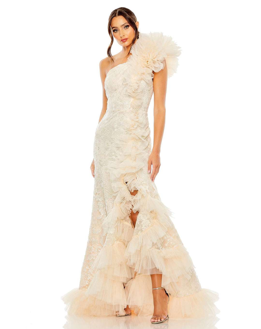 Mac Duggal One shoulder ruffle high low tulle gown - Ivory