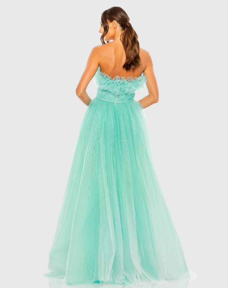 Strapless Glitter Tulle Gown - Aqua Ombre