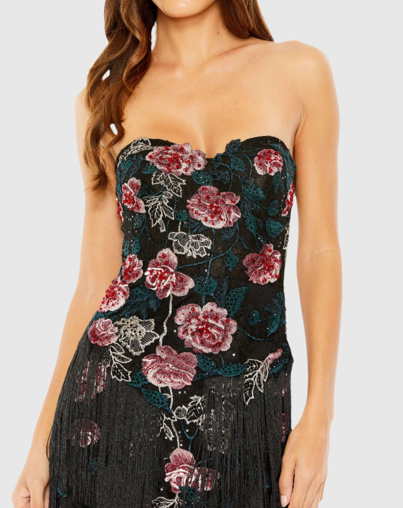 Strapless Floral Embroidered Tassel Gown - Black