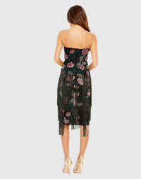 Strapless Floral Embroidered Tassel Gown - Black