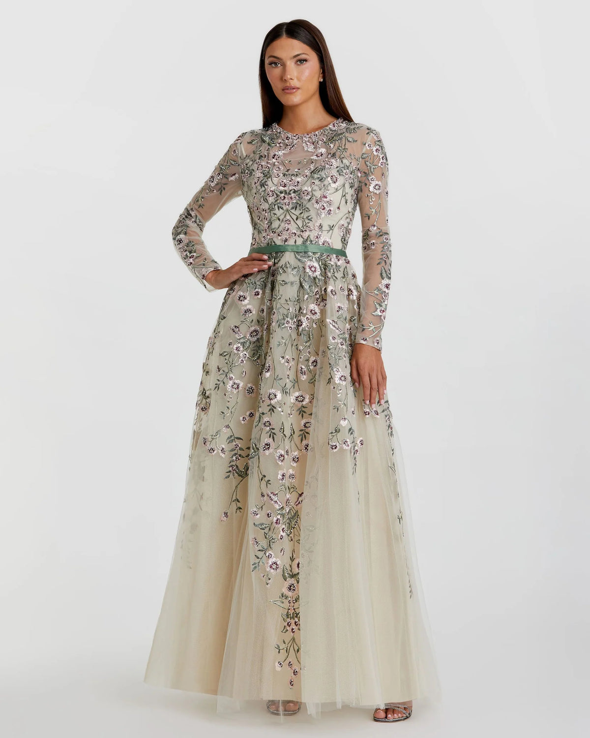 Mac Duggal Long Sleeve Floral Embellished Gown Modest, Sage, #20580