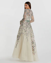 Long Sleeve Floral Embellished Gown - Sage