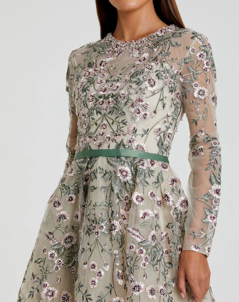 Long Sleeve Floral Embellished Gown - Sage