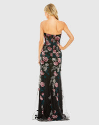 Strapless Floral Embroidered Gown - Black