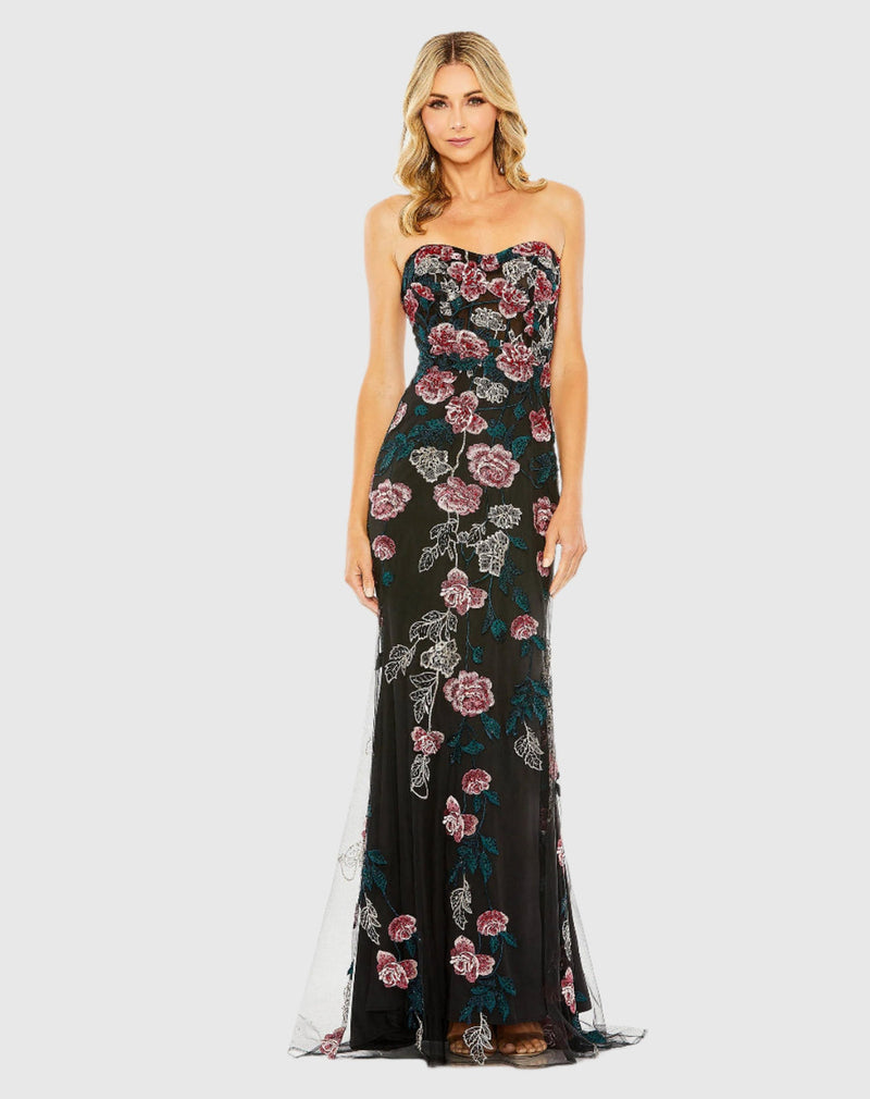 Strapless Floral Embroidered Gown - Black