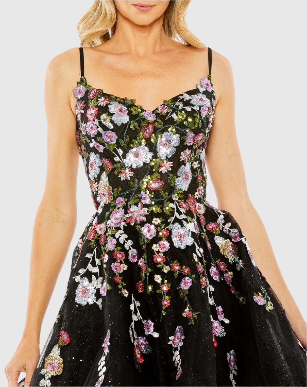 Thin Strap Floral Embroidered Mini Dress - Black