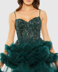 Thin strap beaded bodice tiered tulle dress - Emerald Green