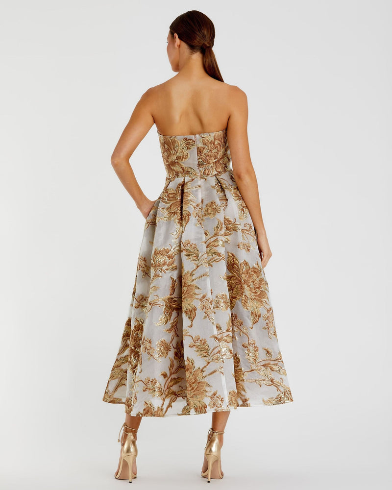 Strapless brocade midi dress with pockets - Bronze