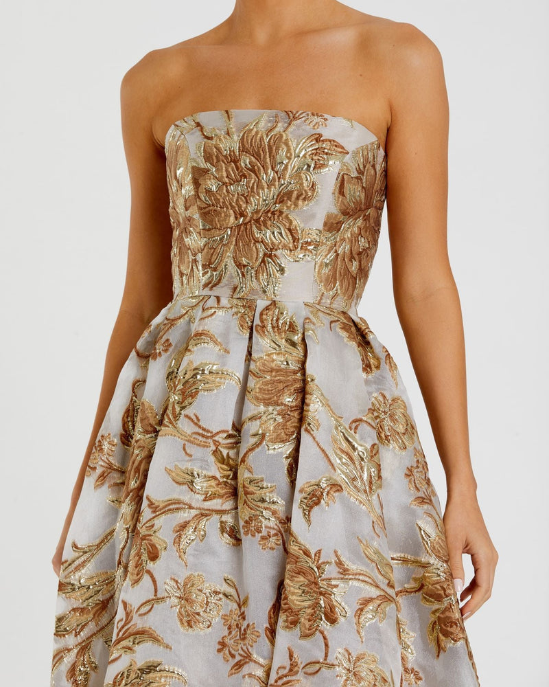 Strapless brocade midi dress with pockets - Bronze