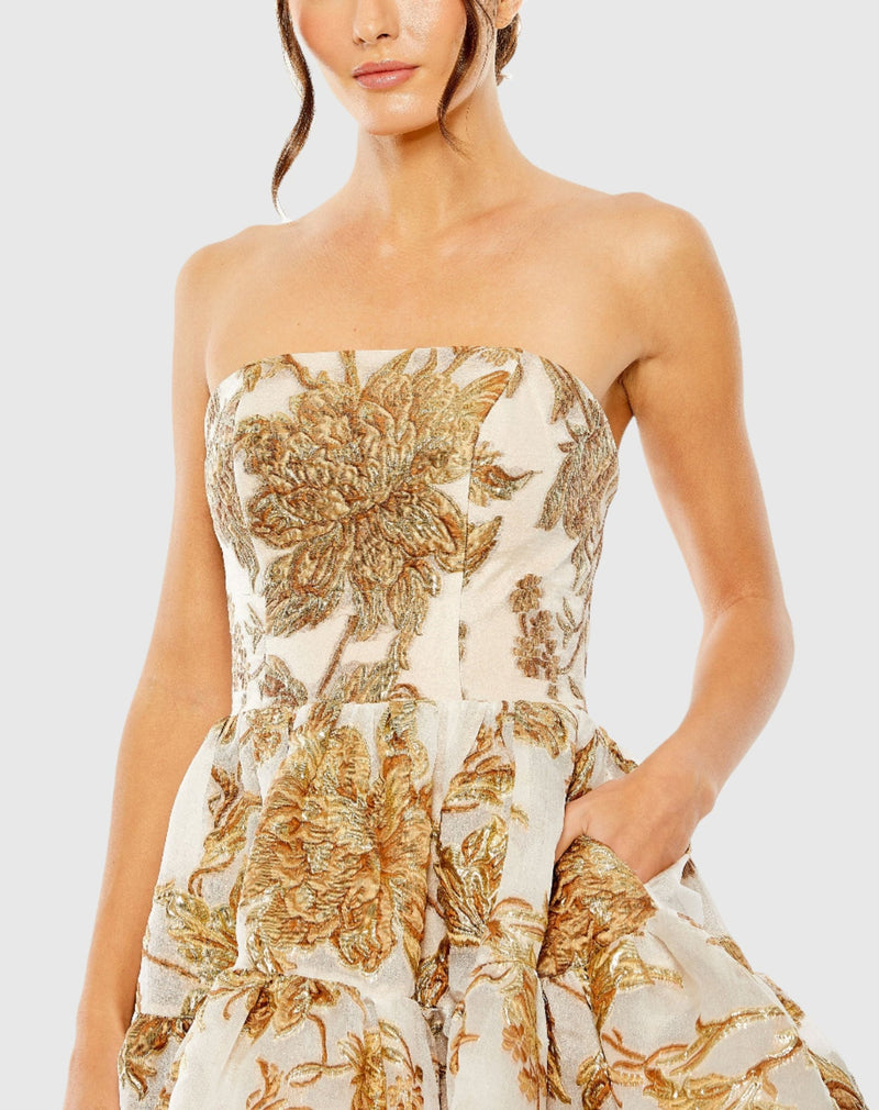 Strapless brocade mini dress with pockets - Bronze