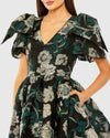 Brocade Bow Shoulder Mini Dress - Emerald