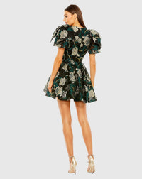 Brocade Bow Shoulder Mini Dress - Emerald