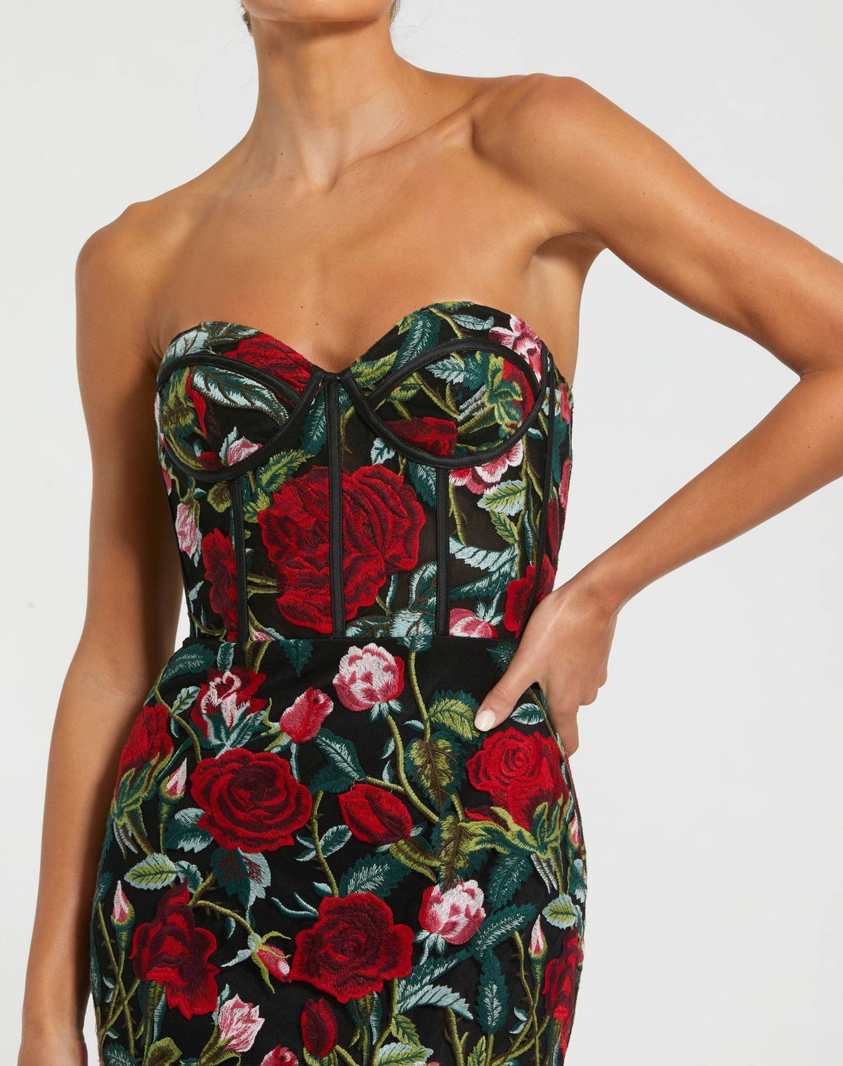 Strapless Floral Embroidered Rose Gown - Black