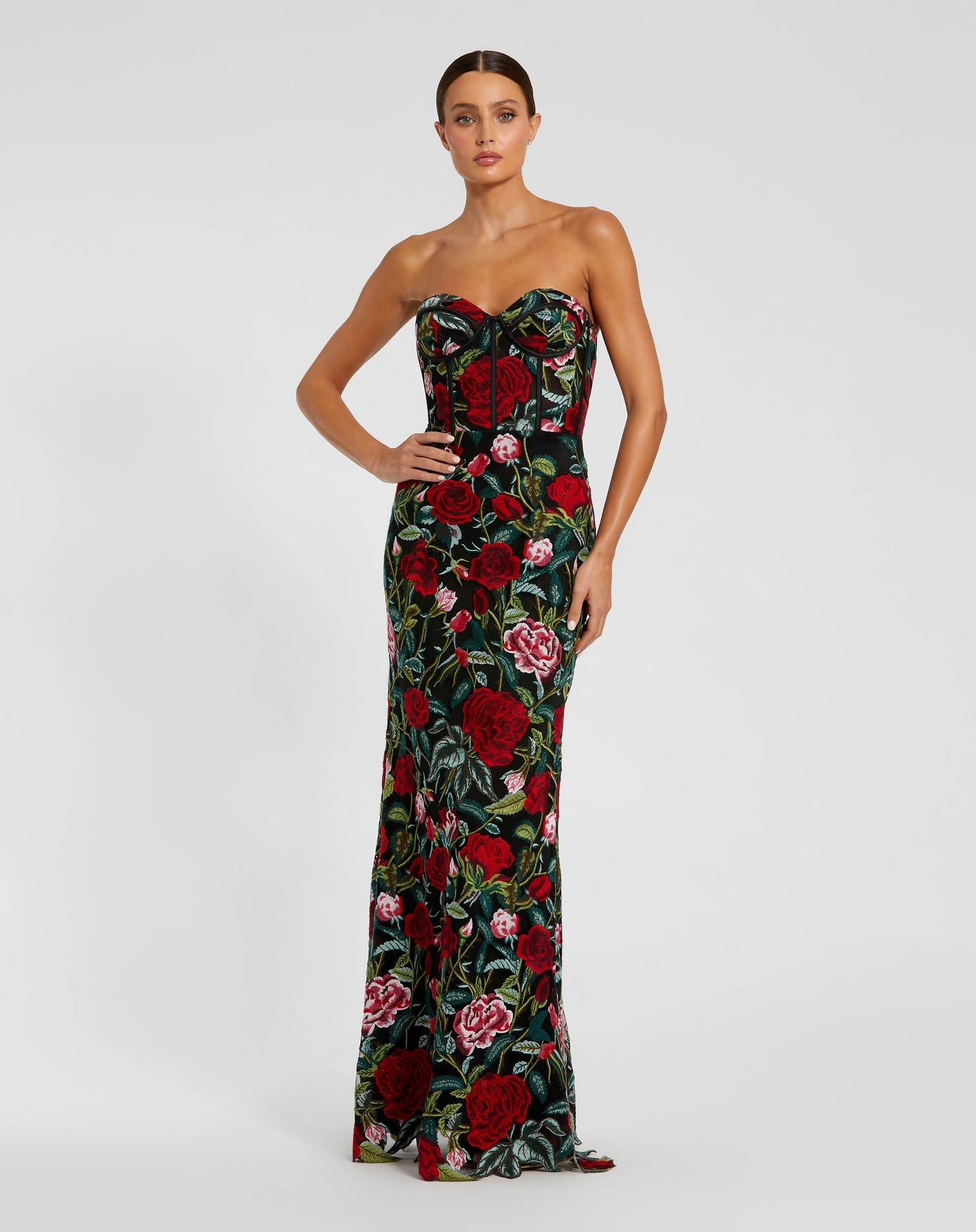 Strapless Floral Embroidered Rose Gown Black