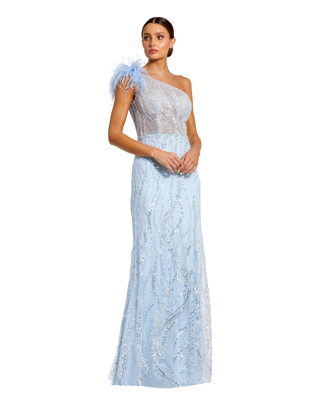 MAC DUGGAL #20887  Ostrich feather asymmetric embroidered gown - Powder Blue