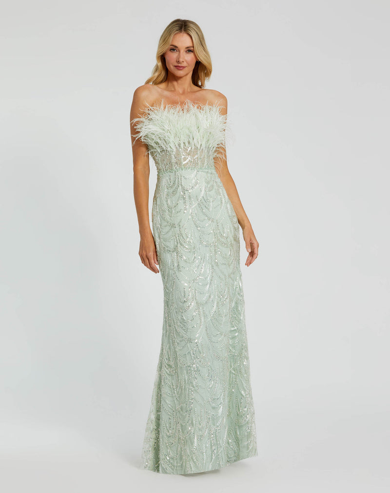 Mac Duggal, Green Strapless Feather Bustier Gown with Embroidery #20890