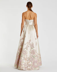 Brocade Strapless Floral Gown With Bow Detail - Champagne