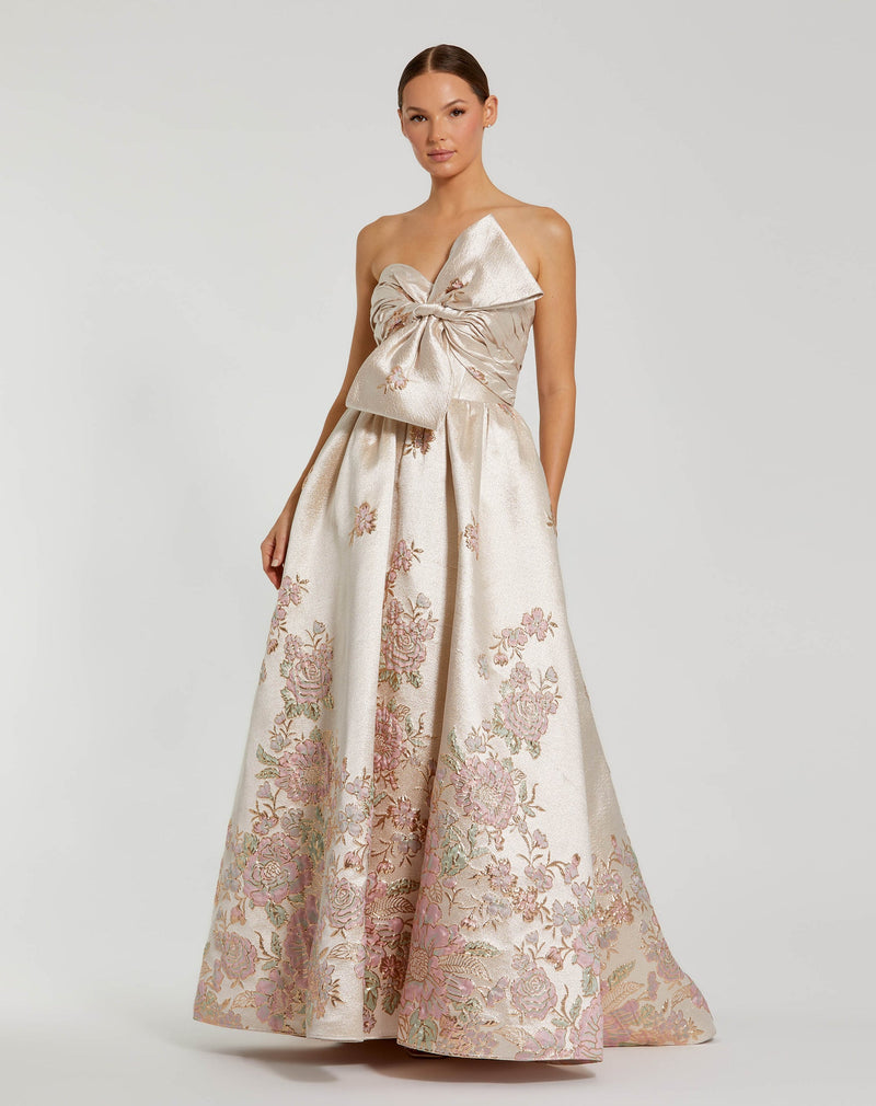 Mac Duggal, Brocade Strapless Floral Gown With Bow Detail #20974 Champagne