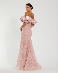 Beaded Applique Off The Shoulder Mermaid Gown - Rose