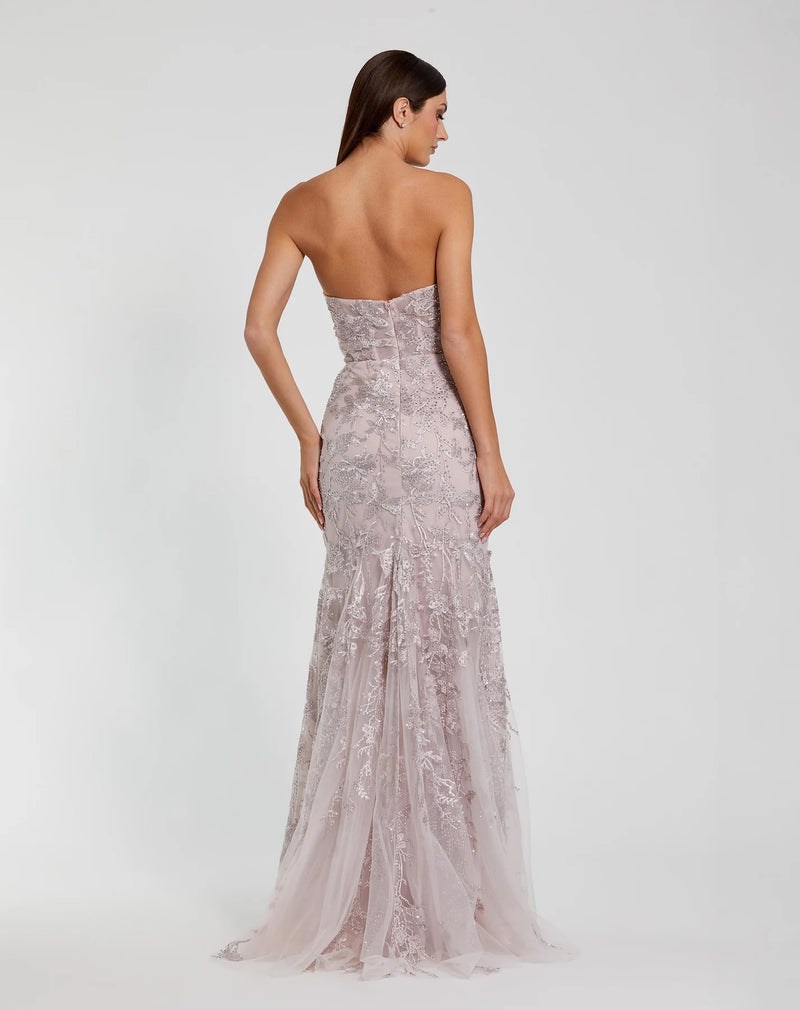 Strapless Beaded Applique Mermaid Gown With Flower - Pink