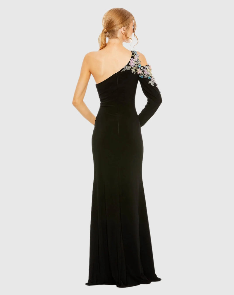 One shoulder long sleeve floral embellished gown - Black