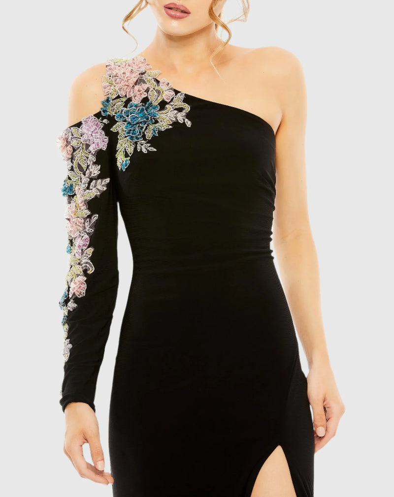 One shoulder long sleeve floral embellished gown - Black