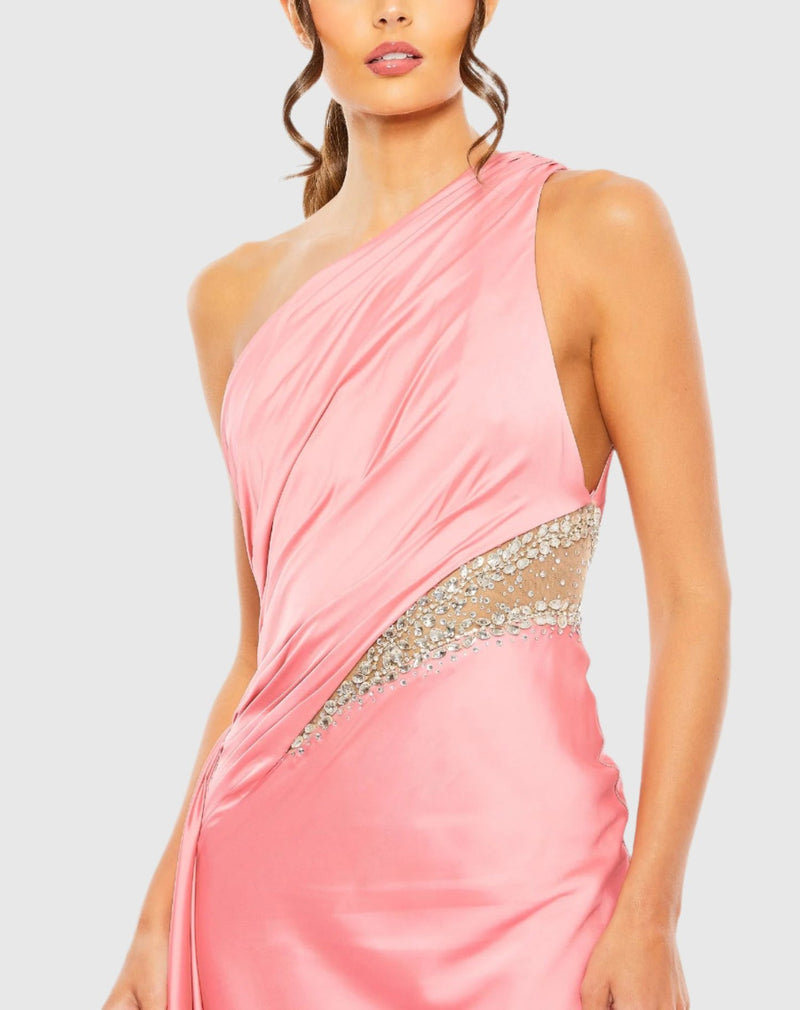 One shoulder embellished satin gown - Pink