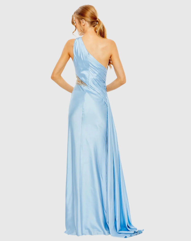 One shoulder embellished satin gown - Blue