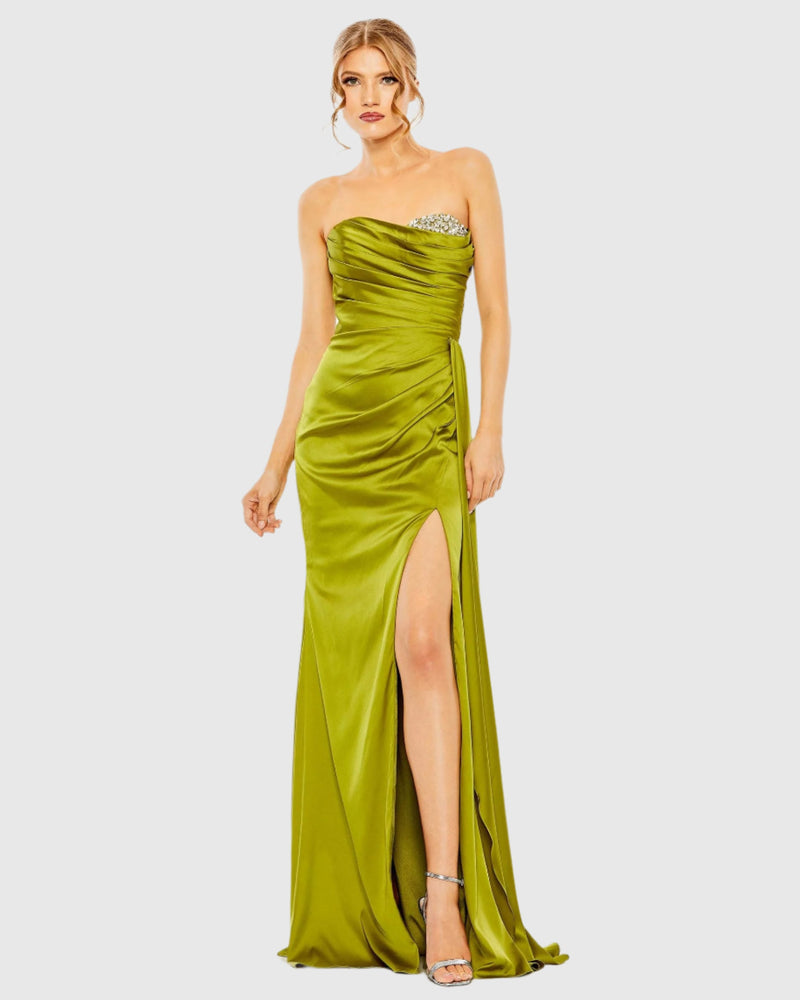 Mac Duggal #2211 Strapless Embellished Sweetheart Neckline Satin Gown - apple green 