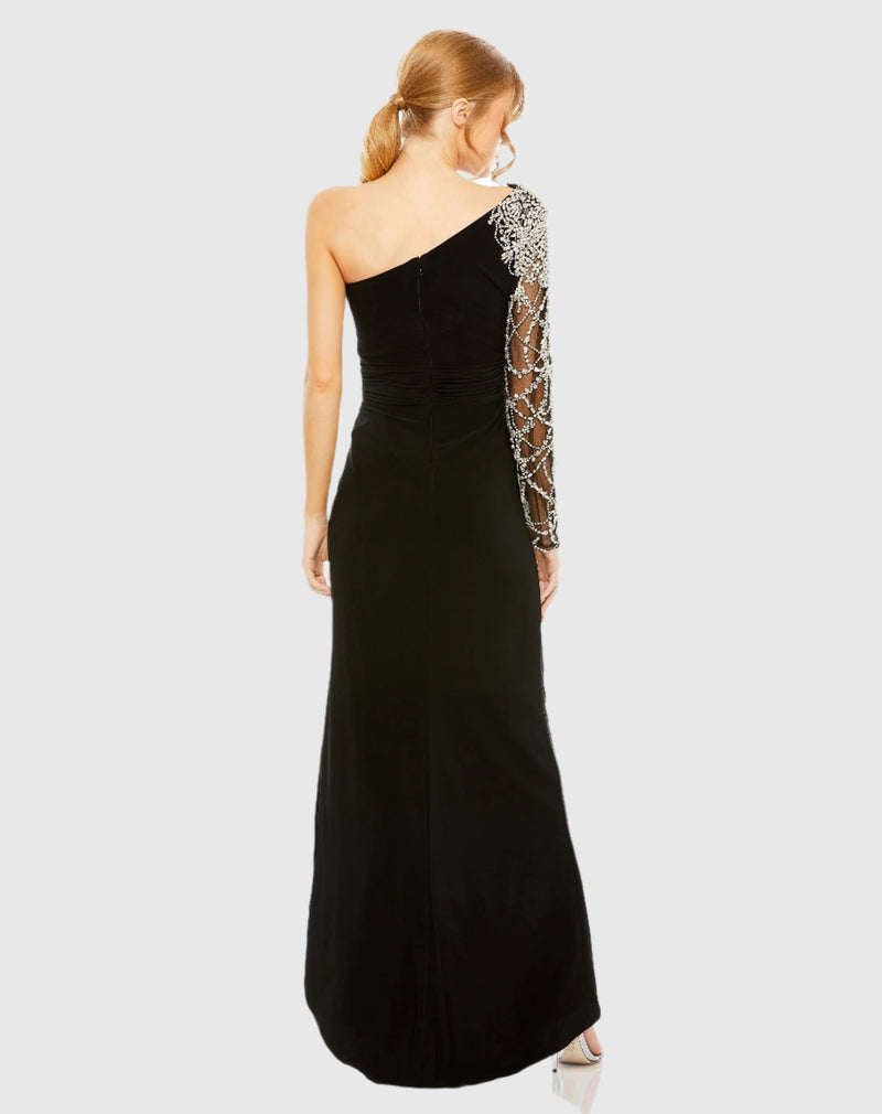 One shoulder asymmetric long sleeve gown - Black