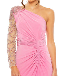 Style #2215 Designer: Mac Duggal EMBELLISHED ONE SHOULDER LONG SLEEVE GOWN, pink close up